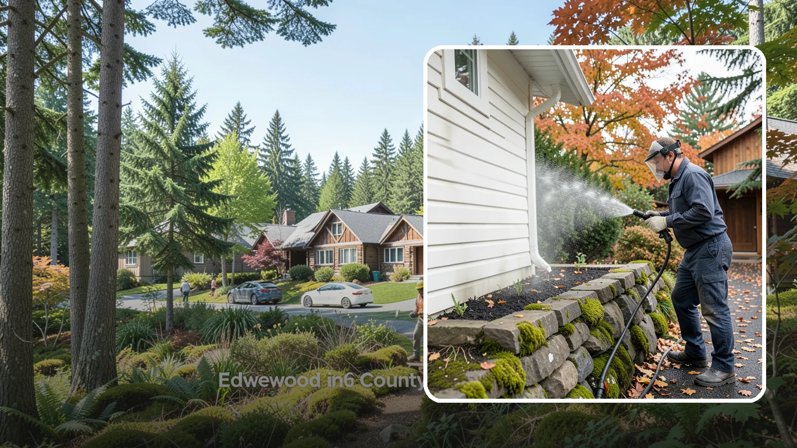 Garden Wall Cleaning in Edgewood, Pierce County, WA - We wash garden and retaining walls to clear the moss, soil stain, and efflorescence that mark these low landscape features.
