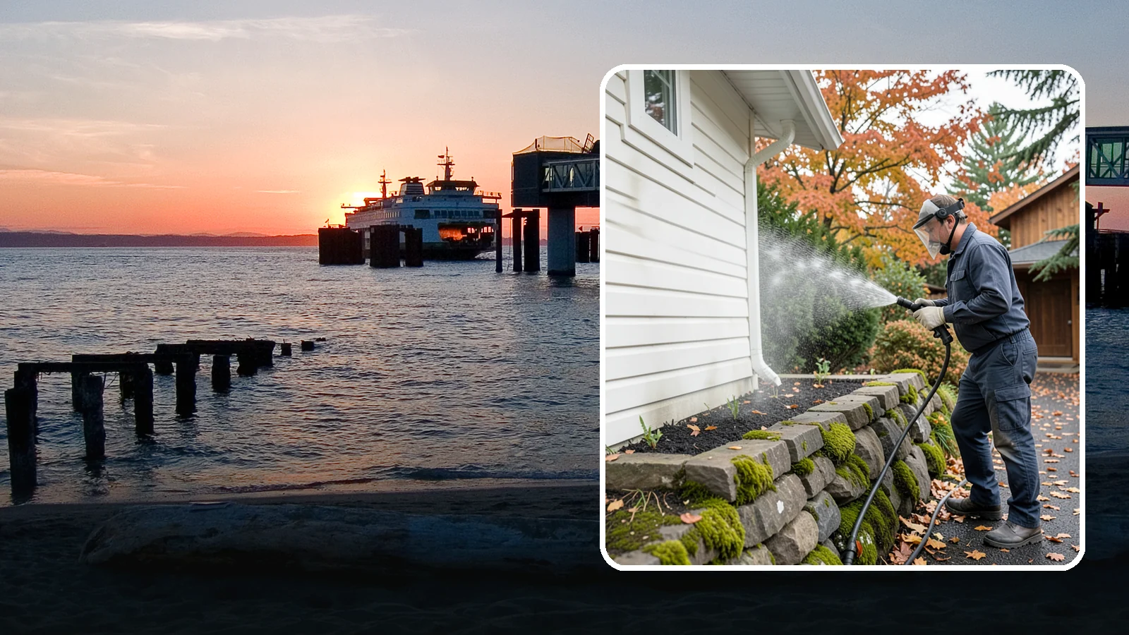 Garden Wall Cleaning in Edmonds, Snohomish County, WA - We wash garden and retaining walls to clear the moss, soil stain, and efflorescence that mark these low landscape features.