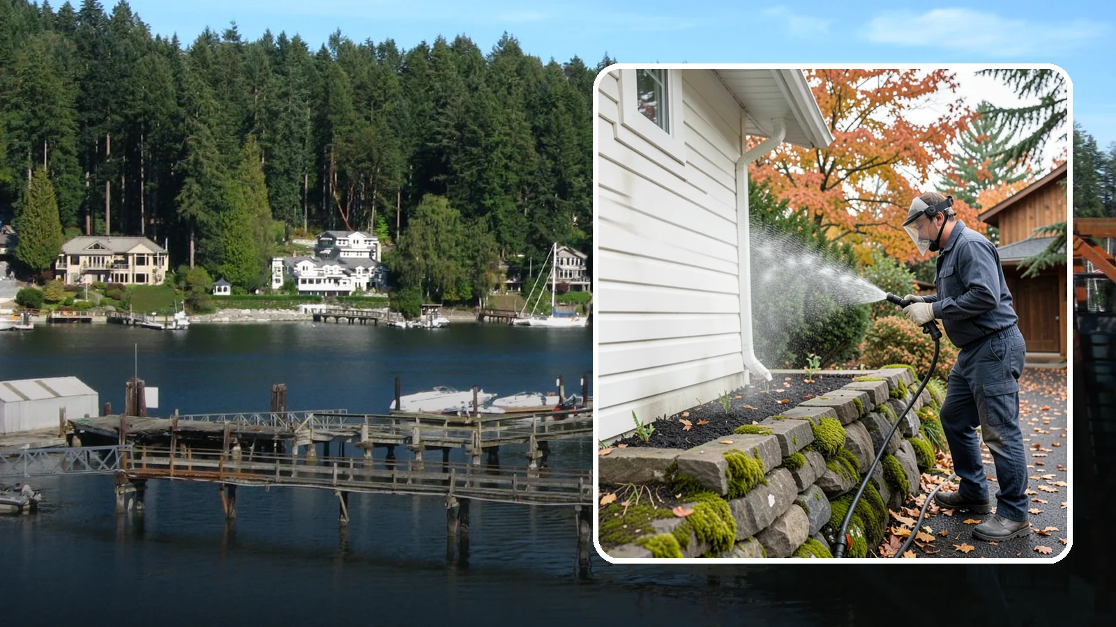 Garden Wall Cleaning in Gig Harbor, Pierce County, WA - We wash garden and retaining walls to clear the moss, soil stain, and efflorescence that mark these low landscape features.