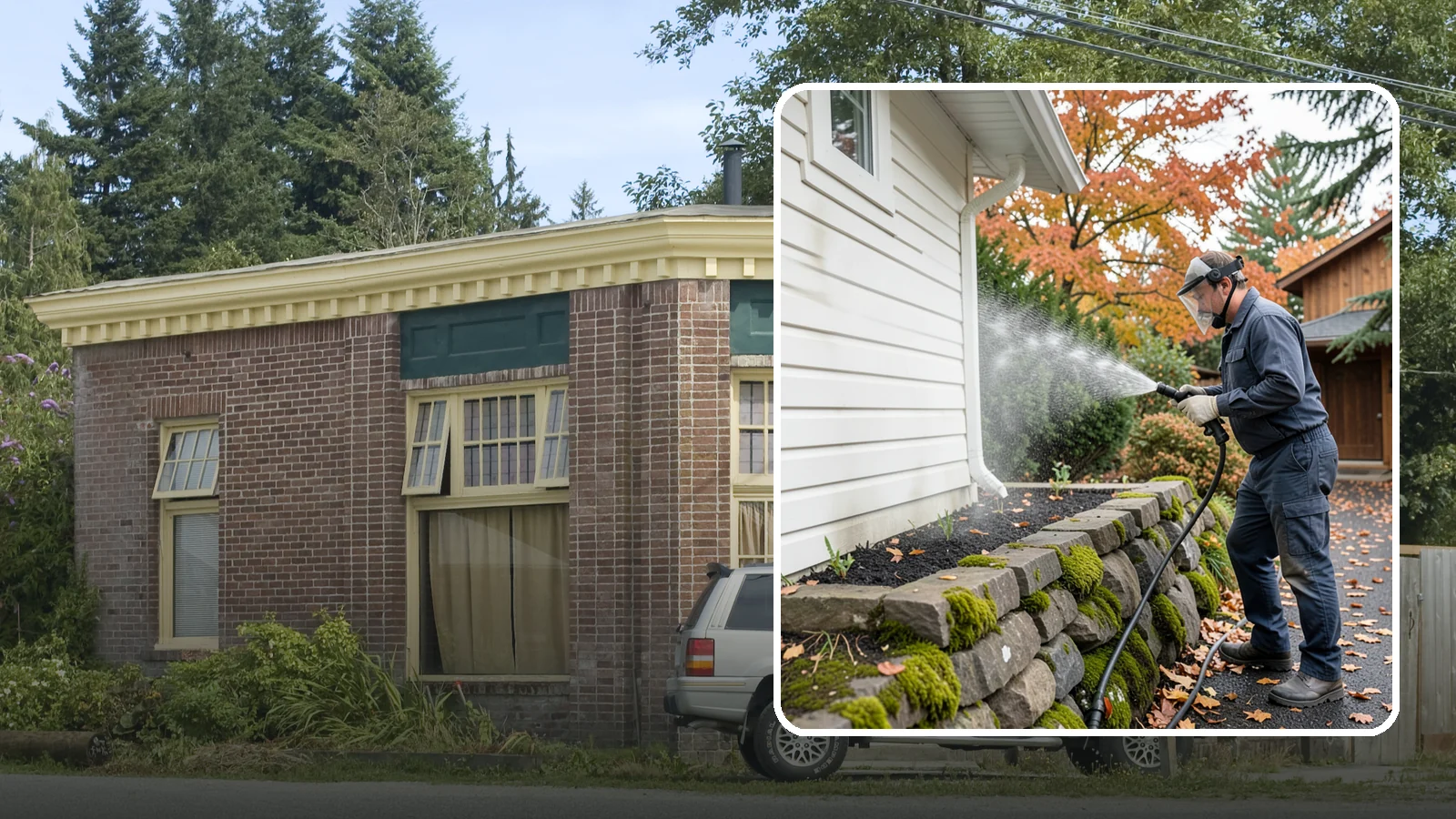 Garden Wall Cleaning in Hamilton, Skagit County, WA - We wash garden and retaining walls to clear the moss, soil stain, and efflorescence that mark these low landscape features.