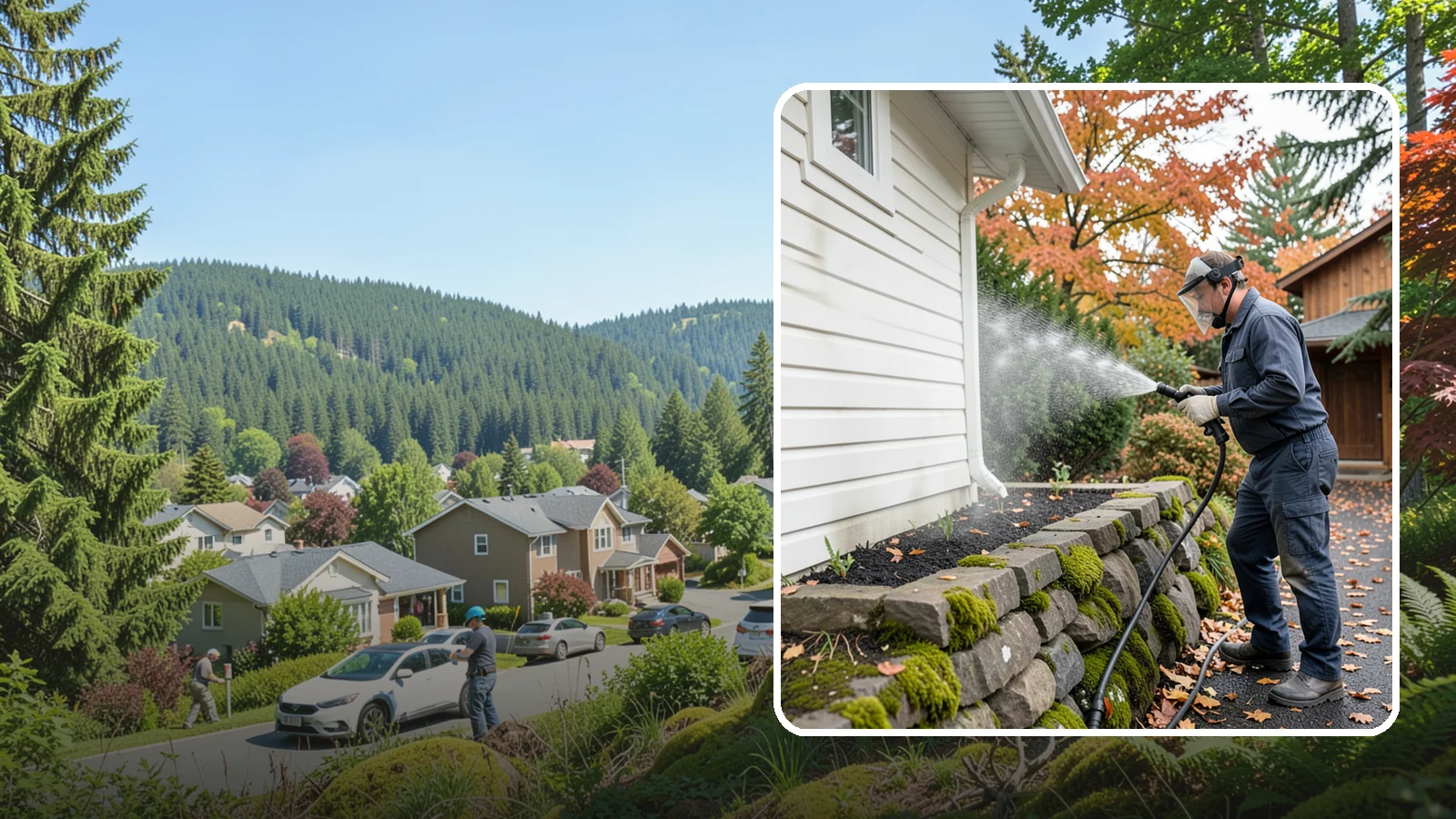 Garden Wall Cleaning in Index, Snohomish County, WA - We wash garden and retaining walls to clear the moss, soil stain, and efflorescence that mark these low landscape features.