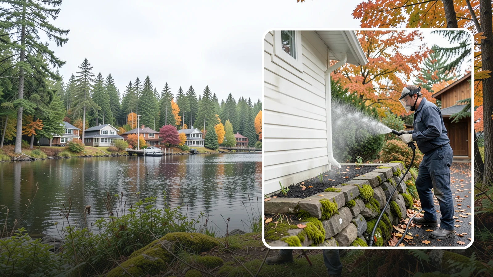 Garden Wall Cleaning in La Conner, Skagit County, WA - We wash garden and retaining walls to clear the moss, soil stain, and efflorescence that mark these low landscape features.