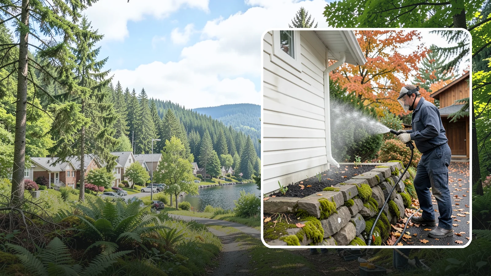 Garden Wall Cleaning in Lake Forest Park, King County, WA - We wash garden and retaining walls to clear the moss, soil stain, and efflorescence that mark these low landscape features.