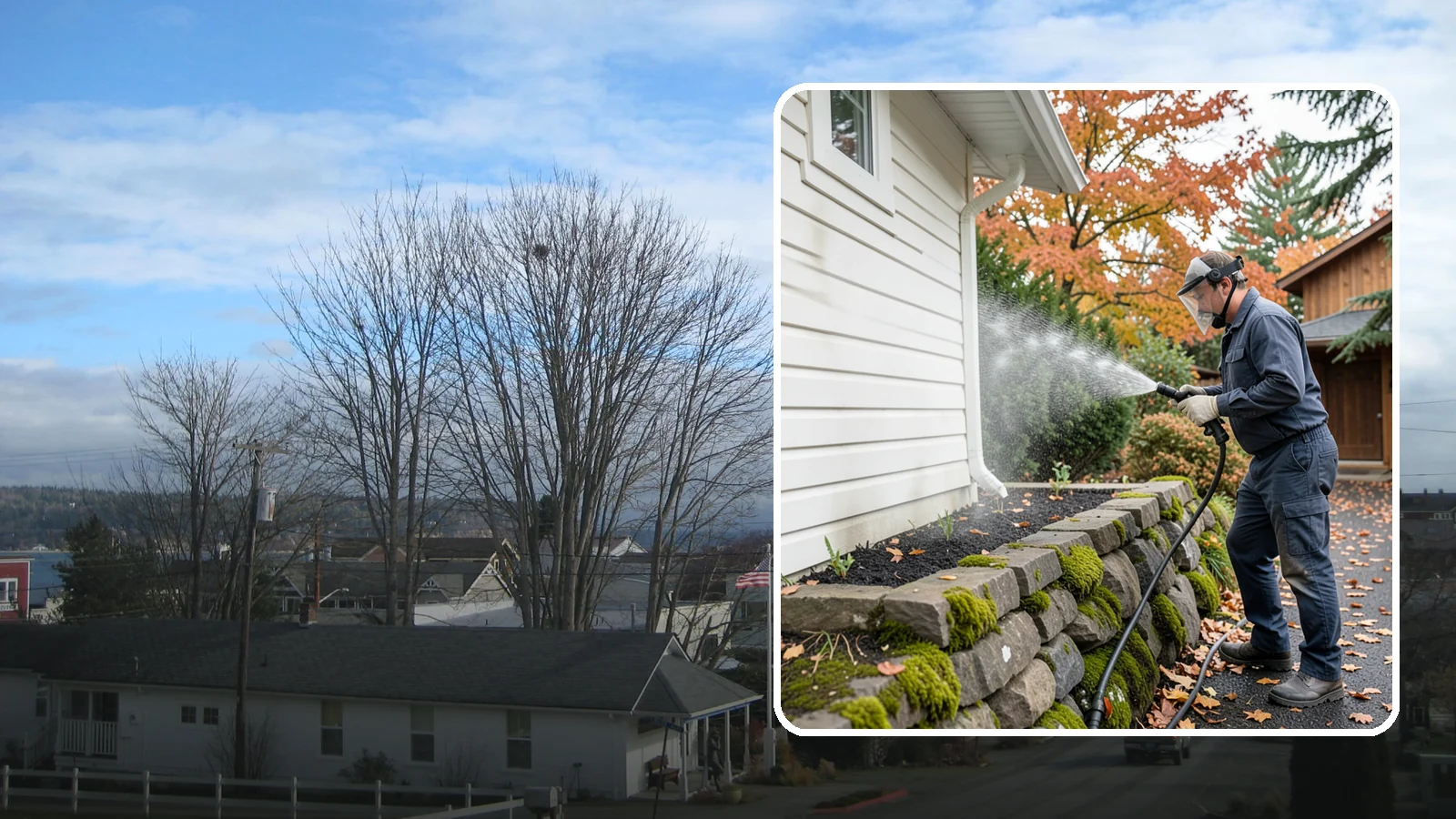 Garden Wall Cleaning in Langley, Island County, WA - We wash garden and retaining walls to clear the moss, soil stain, and efflorescence that mark these low landscape features.