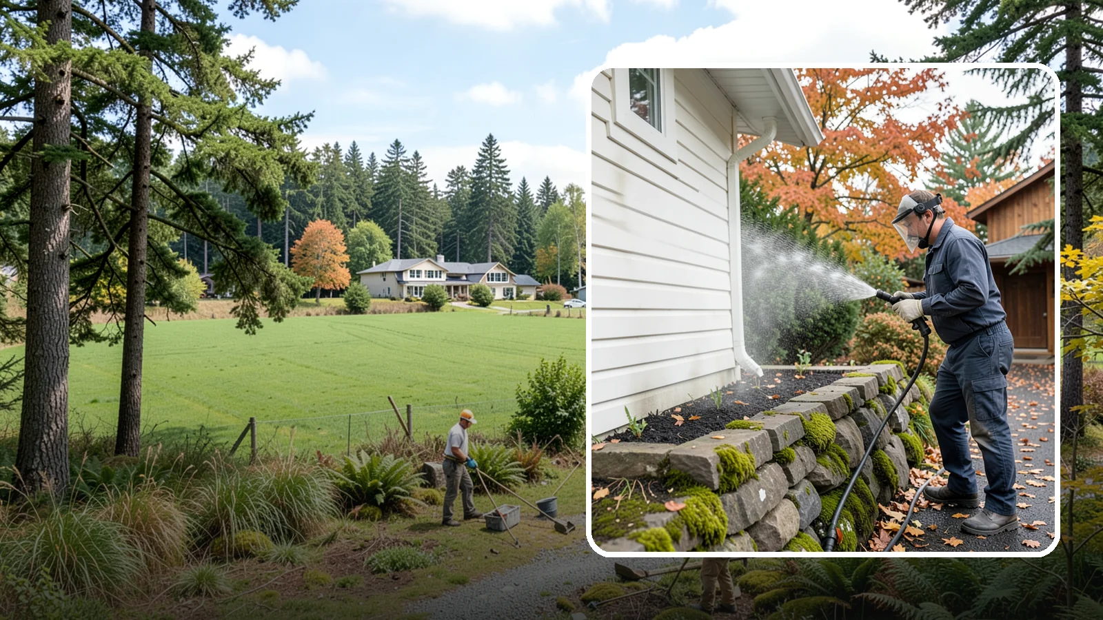 Garden Wall Cleaning in Lyman, Skagit County, WA - We wash garden and retaining walls to clear the moss, soil stain, and efflorescence that mark these low landscape features.