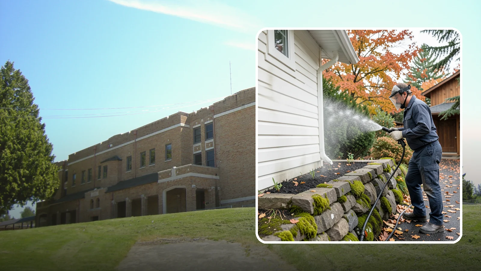 Garden Wall Cleaning in Maple Valley, King County, WA - We wash garden and retaining walls to clear the moss, soil stain, and efflorescence that mark these low landscape features.