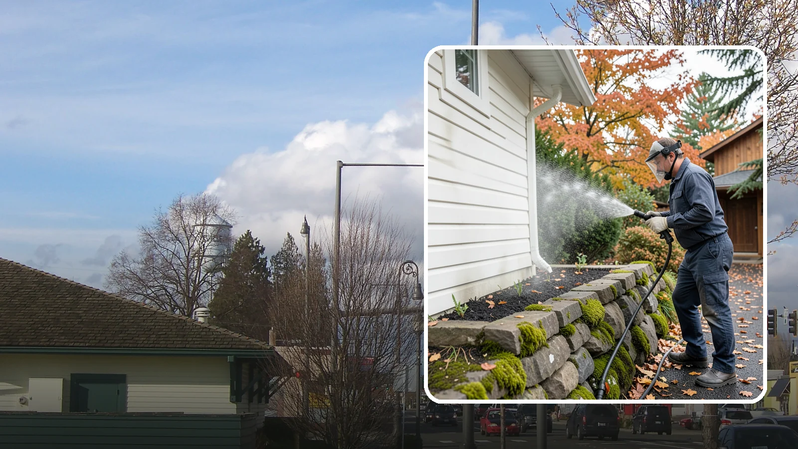 Garden Wall Cleaning in Marysville, Snohomish County, WA - We wash garden and retaining walls to clear the moss, soil stain, and efflorescence that mark these low landscape features.