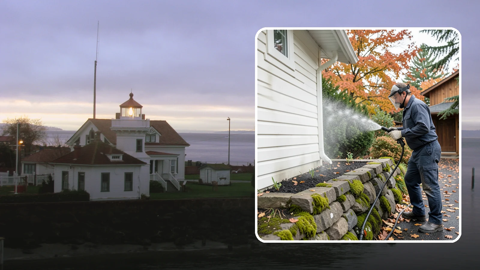 Garden Wall Cleaning in Mukilteo, Snohomish County, WA - We wash garden and retaining walls to clear the moss, soil stain, and efflorescence that mark these low landscape features.