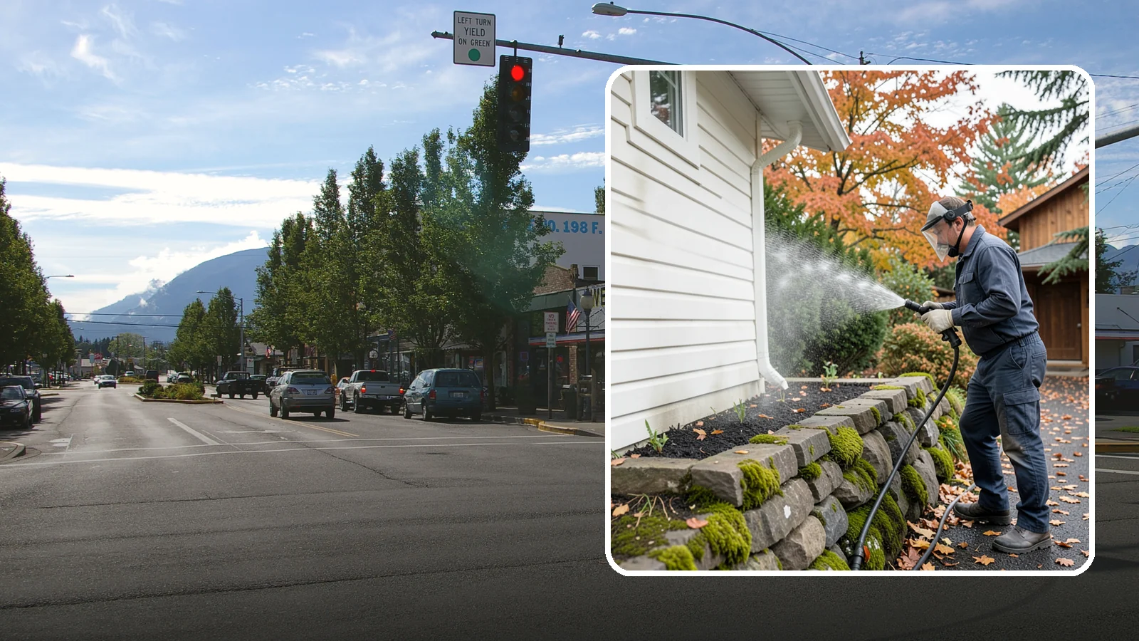 Garden Wall Cleaning in North Bend, King County, WA - We wash garden and retaining walls to clear the moss, soil stain, and efflorescence that mark these low landscape features.