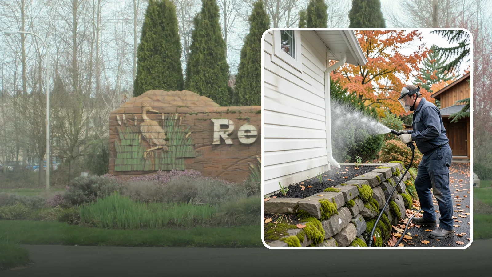 Garden Wall Cleaning in Renton, King County, WA - We wash garden and retaining walls to clear the moss, soil stain, and efflorescence that mark these low landscape features.