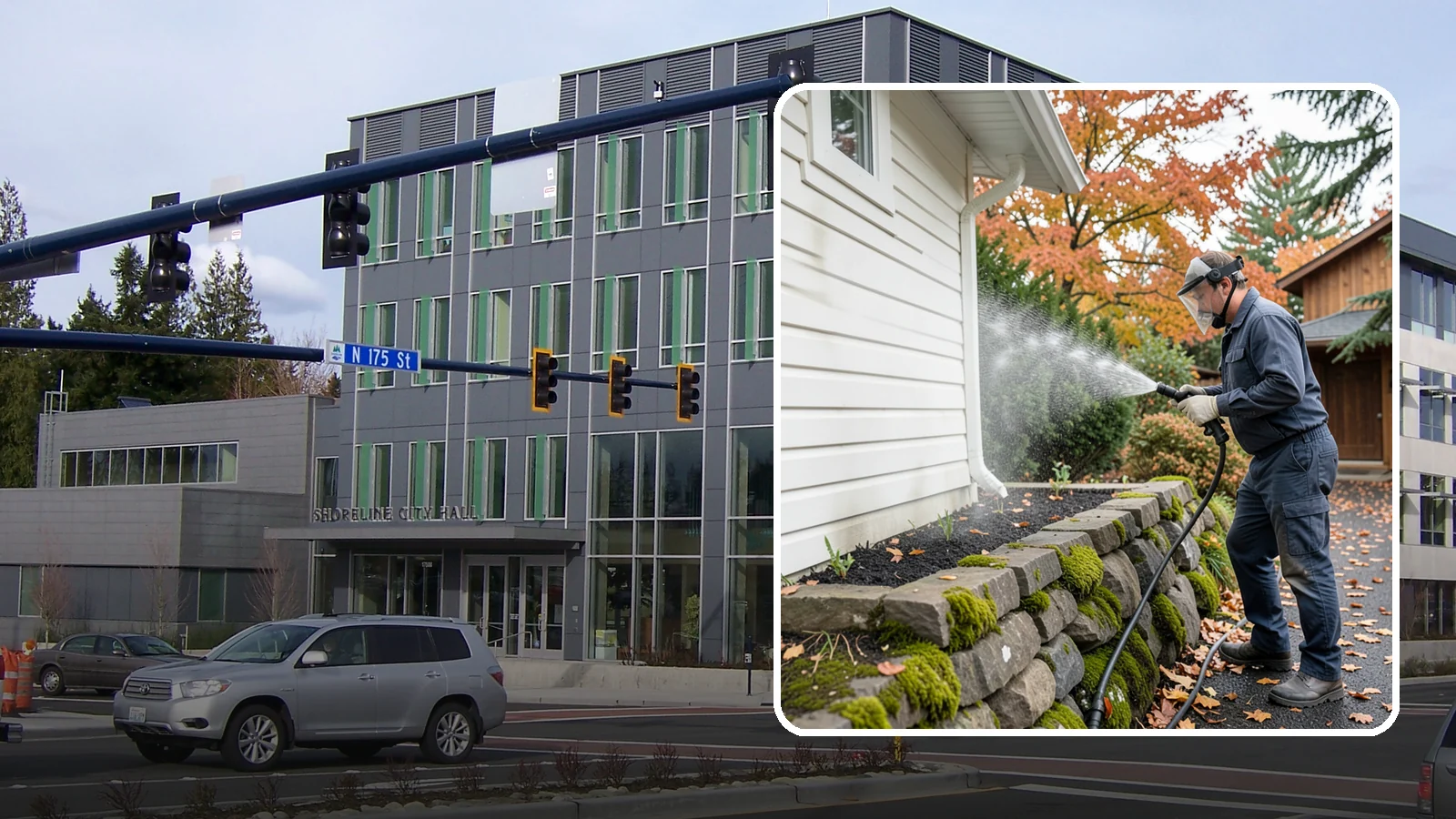Garden Wall Cleaning in Shoreline, King County, WA - We wash garden and retaining walls to clear the moss, soil stain, and efflorescence that mark these low landscape features.