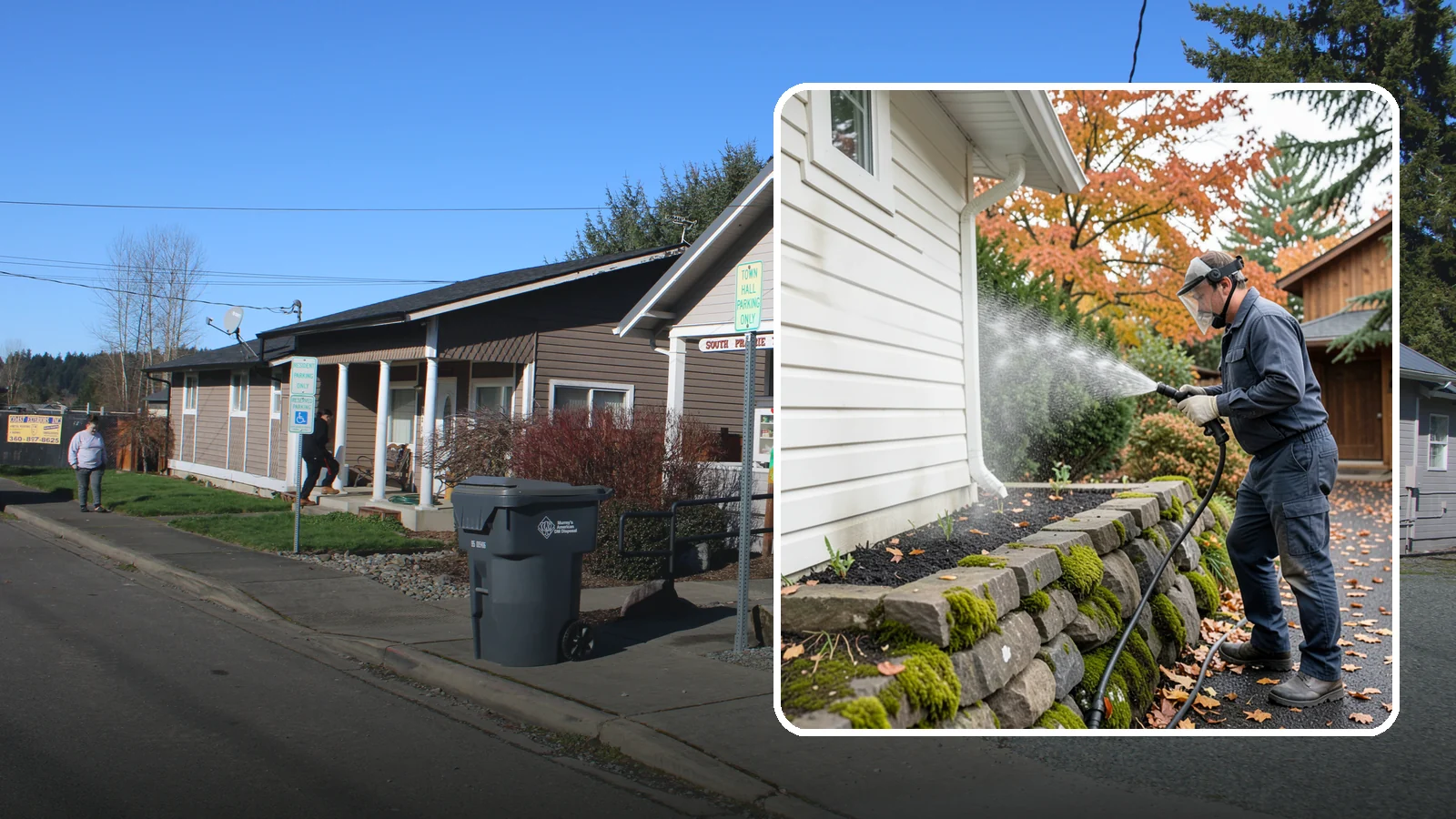 Garden Wall Cleaning in South Prairie, Pierce County, WA - We wash garden and retaining walls to clear the moss, soil stain, and efflorescence that mark these low landscape features.