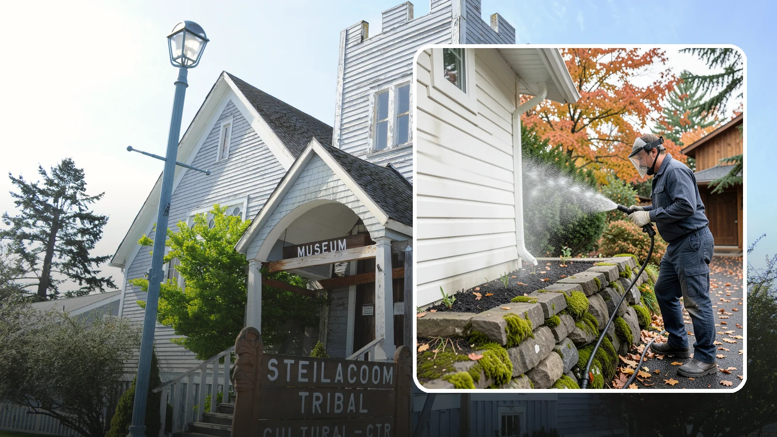 Garden Wall Cleaning in Steilacoom, Pierce County, WA - We wash garden and retaining walls to clear the moss, soil stain, and efflorescence that mark these low landscape features.