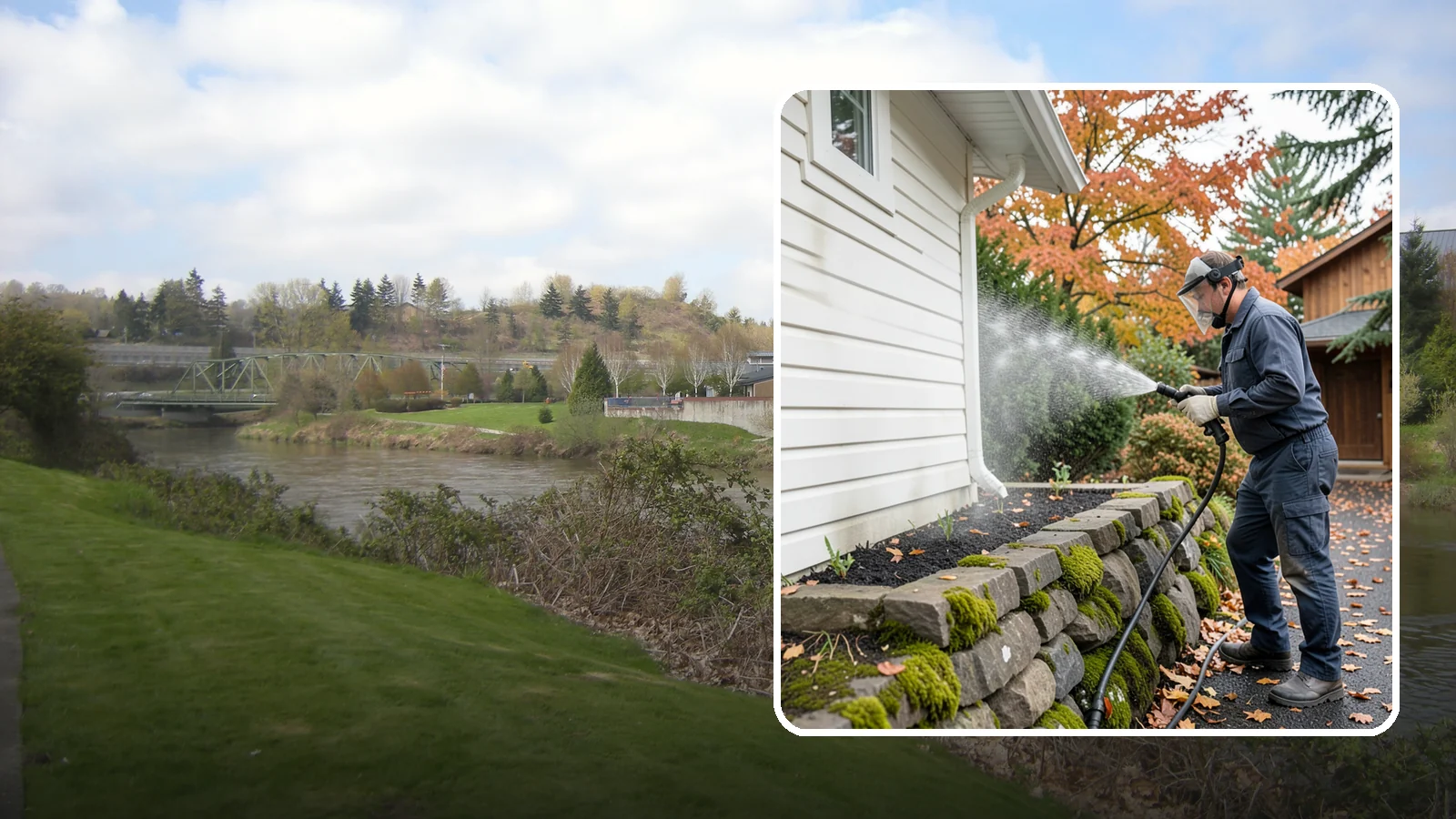 Garden Wall Cleaning in Tukwila, King County, WA - We wash garden and retaining walls to clear the moss, soil stain, and efflorescence that mark these low landscape features.