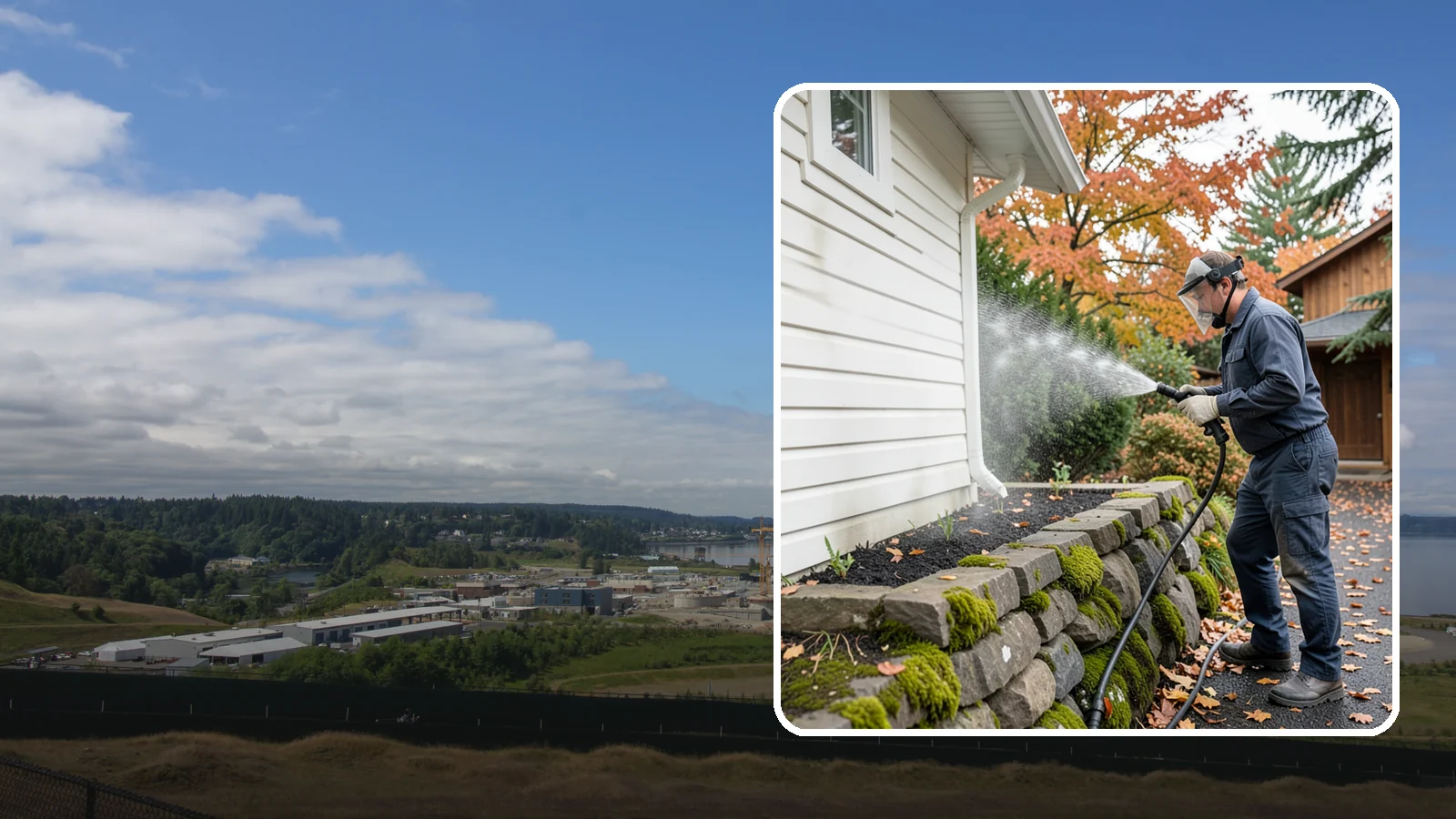 Garden Wall Cleaning in University Place, Pierce County, WA - We wash garden and retaining walls to clear the moss, soil stain, and efflorescence that mark these low landscape features.