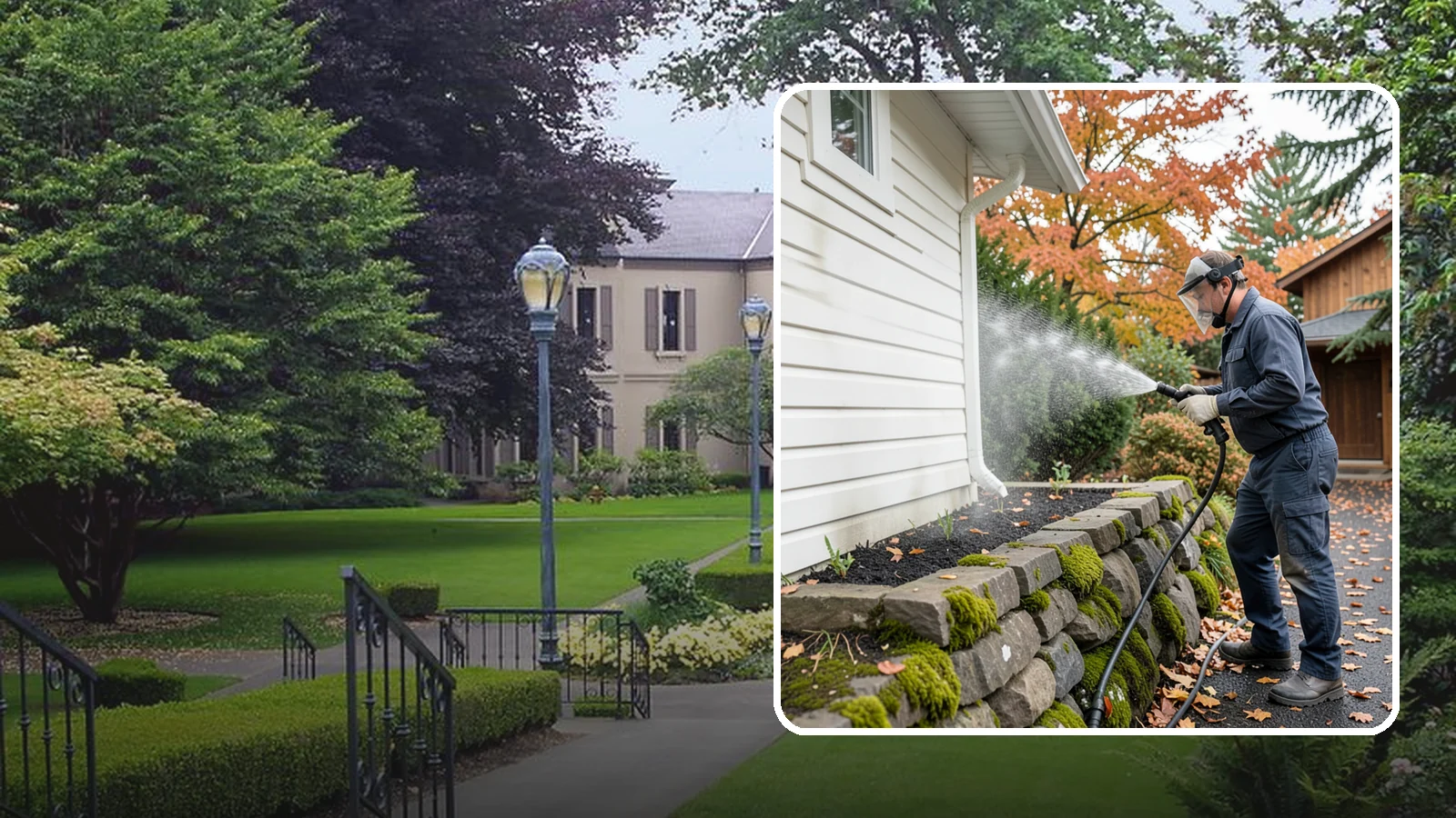 Garden Wall Cleaning in Woodinville, King County, WA - We wash garden and retaining walls to clear the moss, soil stain, and efflorescence that mark these low landscape features.