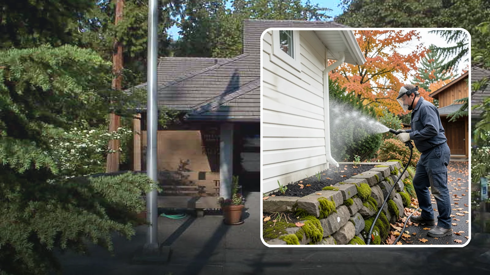 Garden Wall Cleaning in Yarrow Point, King County, WA - We wash garden and retaining walls to clear the moss, soil stain, and efflorescence that mark these low landscape features.