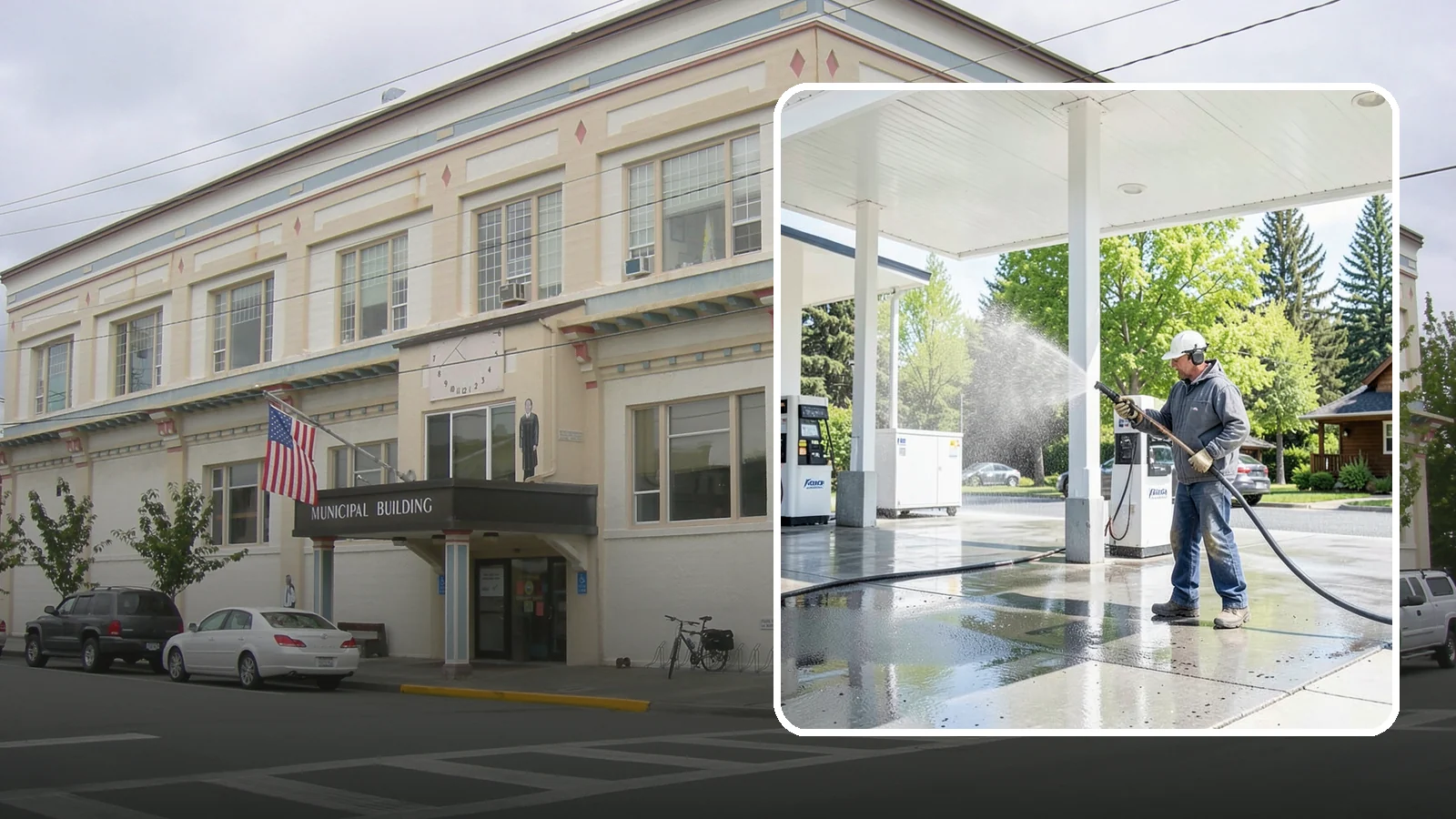 Gas Station Cleaning in Anacortes, Skagit County, WA - Deep exterior cleaning for fuel courts, canopies, and pump islands that removes oil, fuel residue, and Northwest grime from...