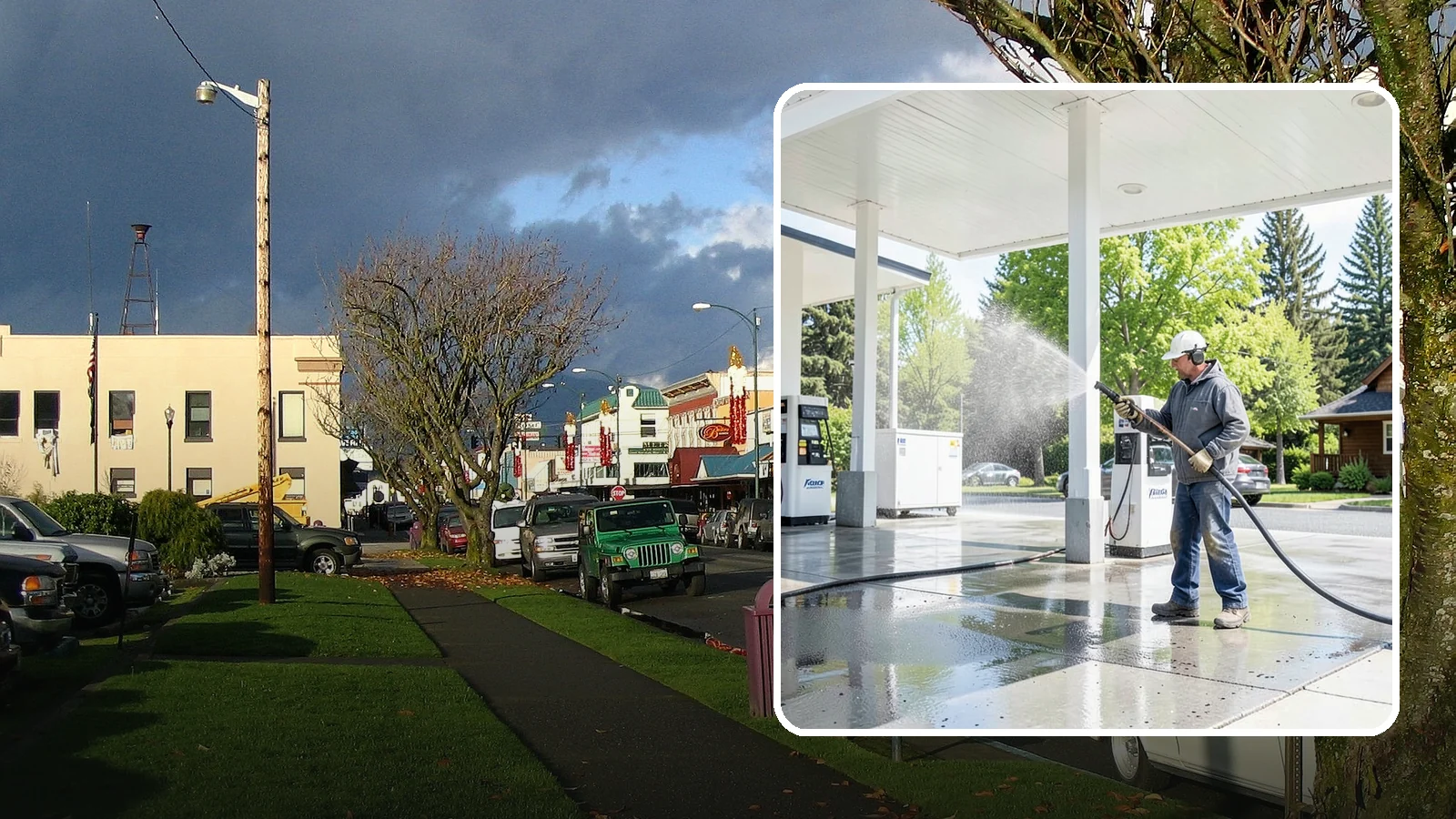 Gas Station Cleaning in Arlington, Snohomish County, WA - Deep exterior cleaning for fuel courts, canopies, and pump islands that removes oil, fuel residue, and Northwest grime from...