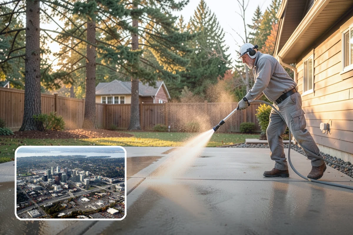 Gas Station Cleaning in Bellevue, King County, WA - Removes slip-causing oil and fuel film from pump-island concrete