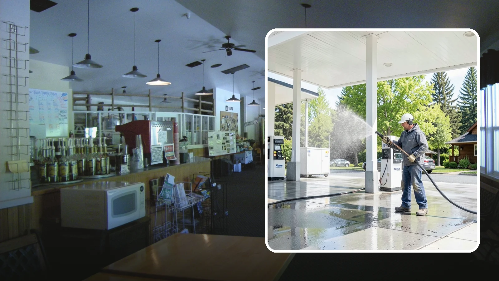 Gas Station Cleaning in Black Diamond, King County, WA - Deep exterior cleaning for fuel courts, canopies, and pump islands that removes oil, fuel residue, and Northwest grime from...