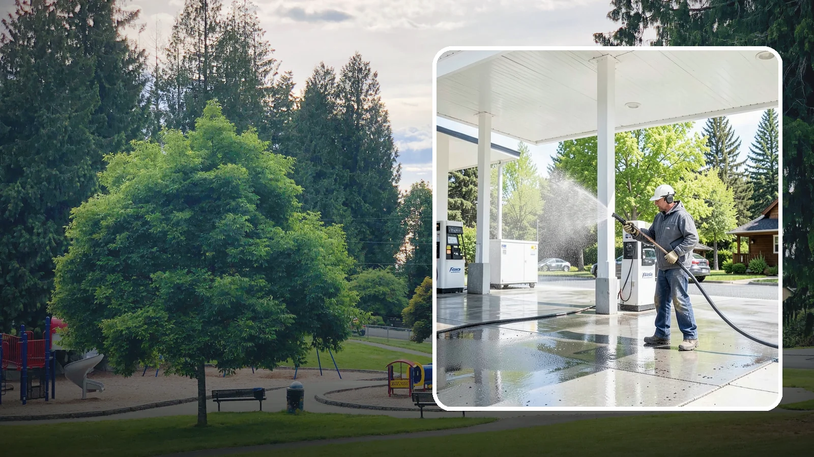 Gas Station Cleaning in Bonney Lake, Pierce County, WA - Deep exterior cleaning for fuel courts, canopies, and pump islands that removes oil, fuel residue, and Northwest grime from...