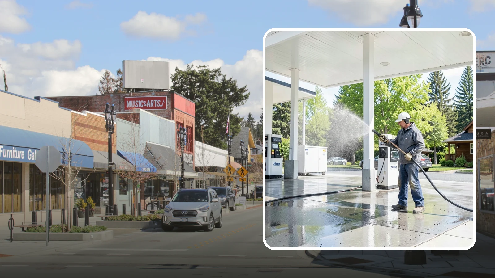Gas Station Cleaning in Bothell, King County, WA - Deep exterior cleaning for fuel courts, canopies, and pump islands that removes oil, fuel residue, and Northwest grime from...