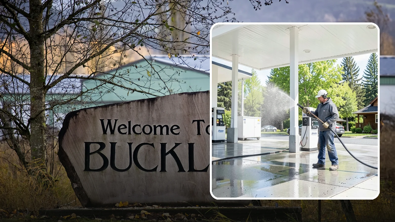 Gas Station Cleaning in Buckley, Pierce County, WA - Deep exterior cleaning for fuel courts, canopies, and pump islands that removes oil, fuel residue, and Northwest grime from...