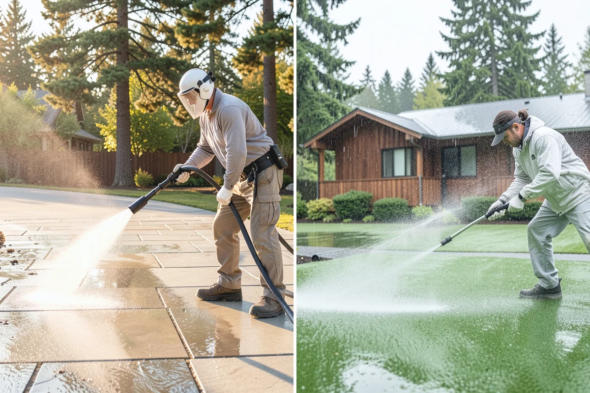 Gas Station Cleaning in Buckley, Pierce County, WA - Contain drains and pre-treat oil-stained concrete with a commercial degreaser