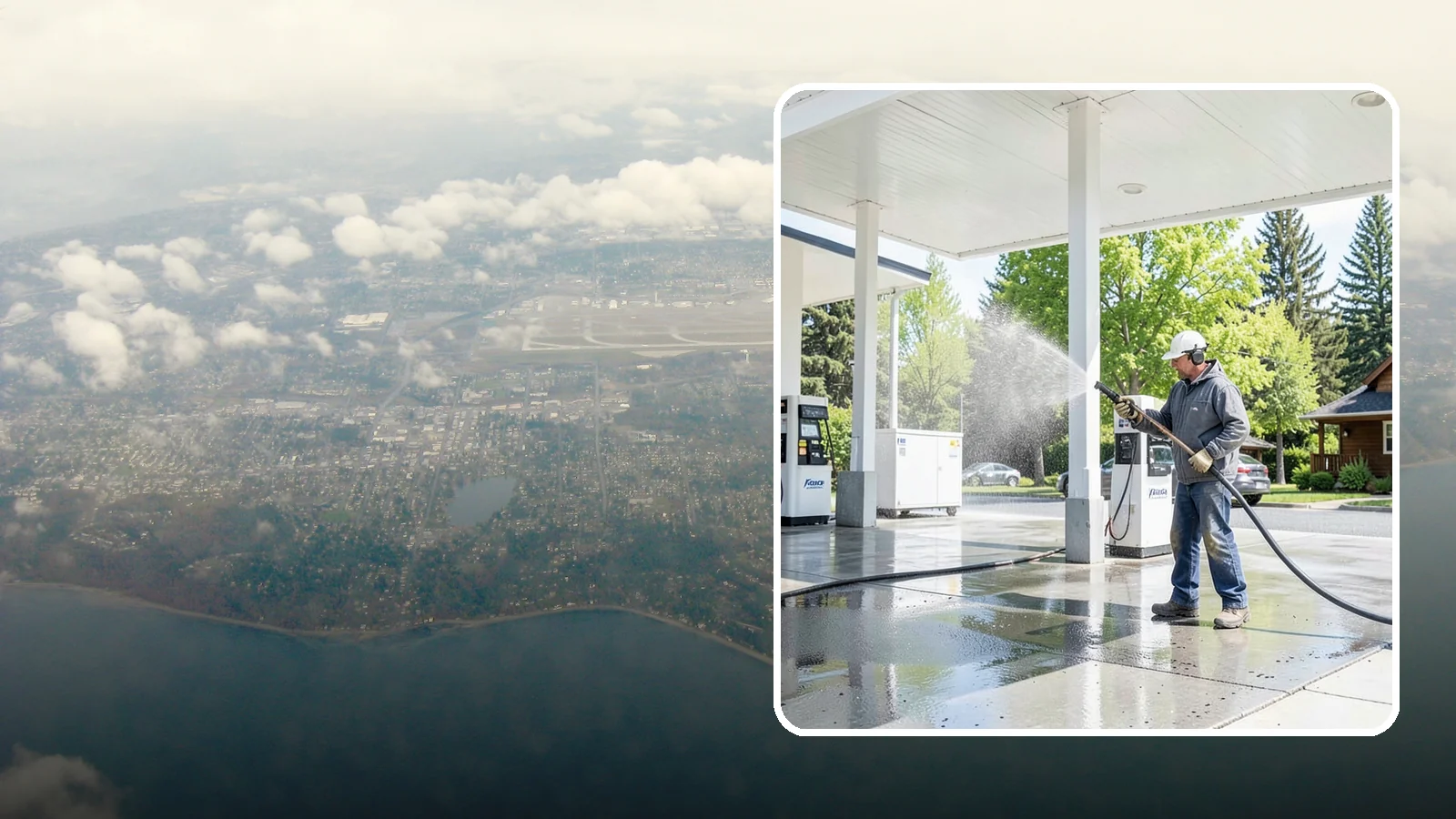 Gas Station Cleaning in Burien, King County, WA - Deep exterior cleaning for fuel courts, canopies, and pump islands that removes oil, fuel residue, and Northwest grime from...
