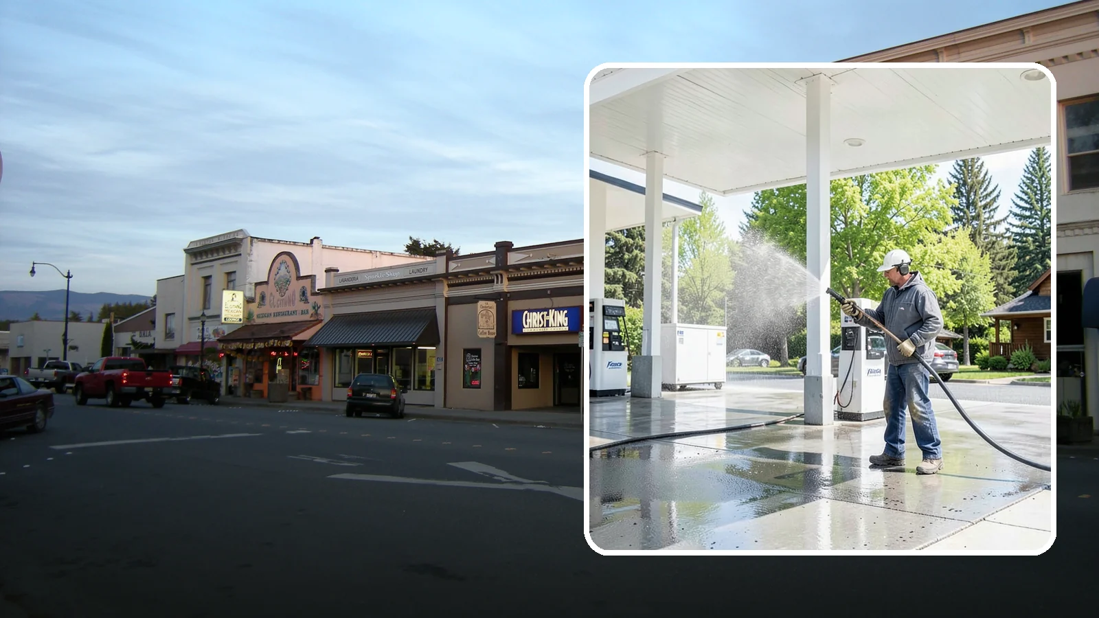 Gas Station Cleaning in Burlington, Skagit County, WA - Deep exterior cleaning for fuel courts, canopies, and pump islands that removes oil, fuel residue, and Northwest grime from...