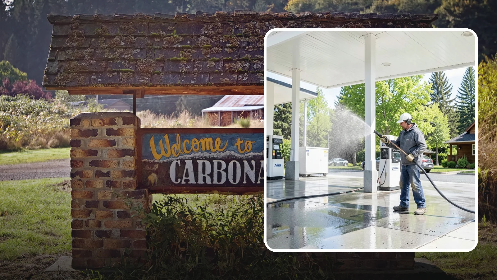 Gas Station Cleaning in Carbonado, Pierce County, WA - Deep exterior cleaning for fuel courts, canopies, and pump islands that removes oil, fuel residue, and Northwest grime from...