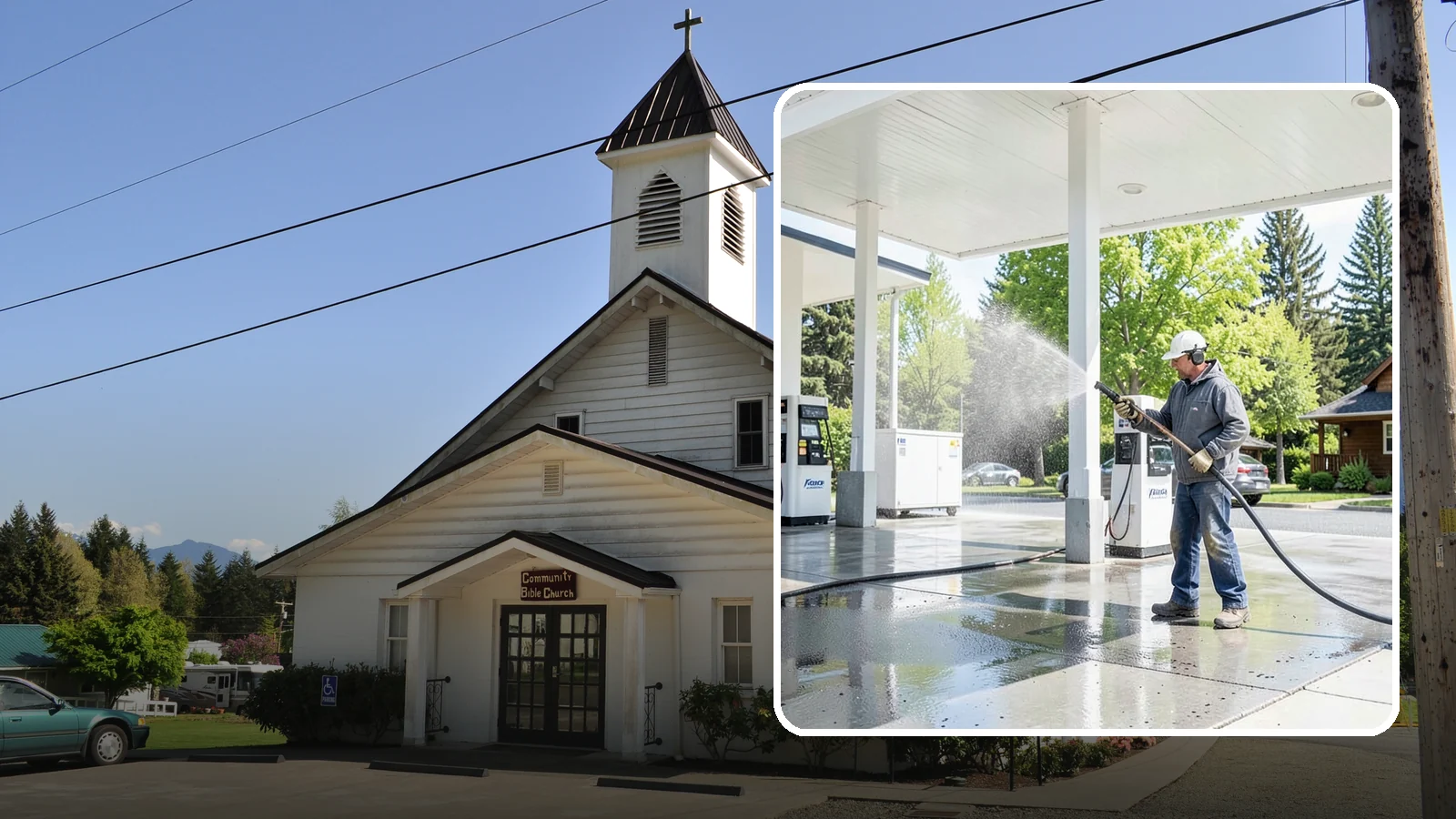 Gas Station Cleaning in Concrete, Skagit County, WA - Deep exterior cleaning for fuel courts, canopies, and pump islands that removes oil, fuel residue, and Northwest grime from...