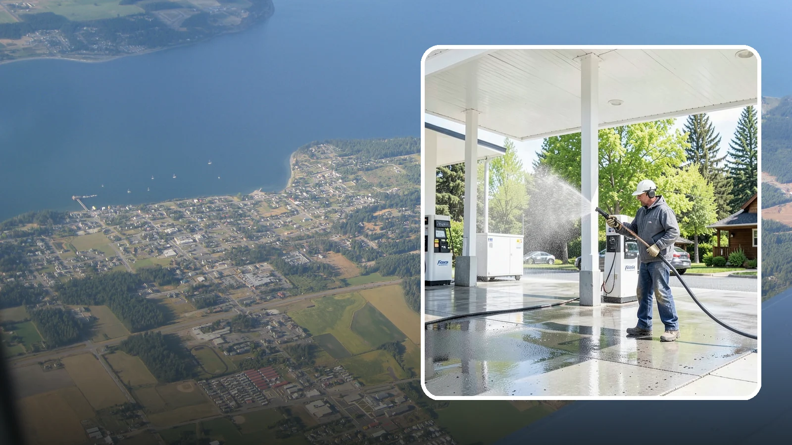 Gas Station Cleaning in Coupeville, Island County, WA - Deep exterior cleaning for fuel courts, canopies, and pump islands that removes oil, fuel residue, and Northwest grime from...