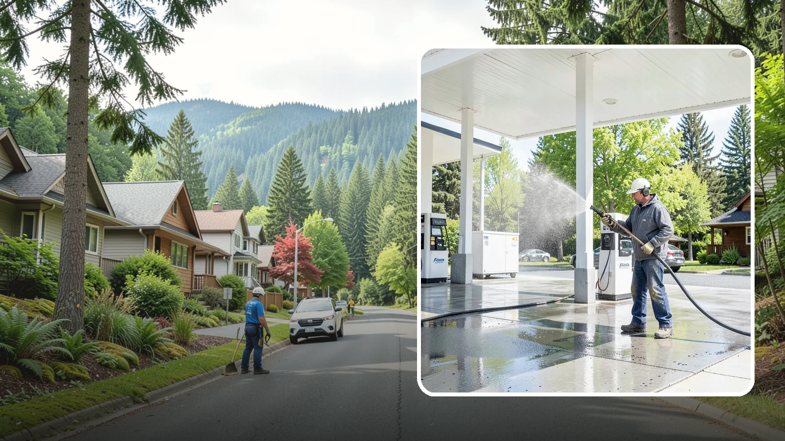 Gas Station Cleaning in Darrington, Snohomish County, WA - Deep exterior cleaning for fuel courts, canopies, and pump islands that removes oil, fuel residue, and Northwest grime from...