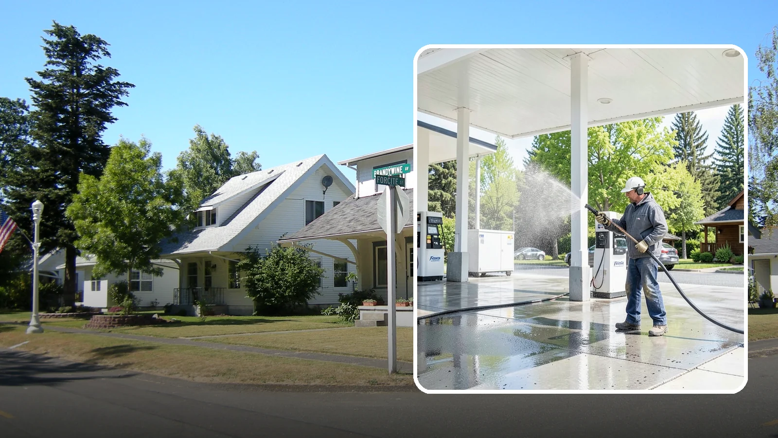 Gas Station Cleaning in DuPont, Pierce County, WA - Deep exterior cleaning for fuel courts, canopies, and pump islands that removes oil, fuel residue, and Northwest grime from...