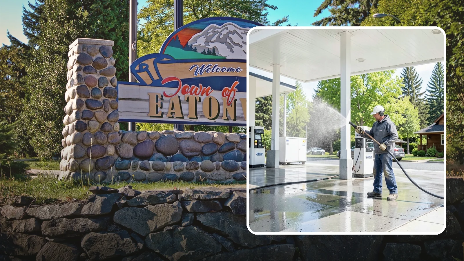 Gas Station Cleaning in Eatonville, Pierce County, WA - Deep exterior cleaning for fuel courts, canopies, and pump islands that removes oil, fuel residue, and Northwest grime from...