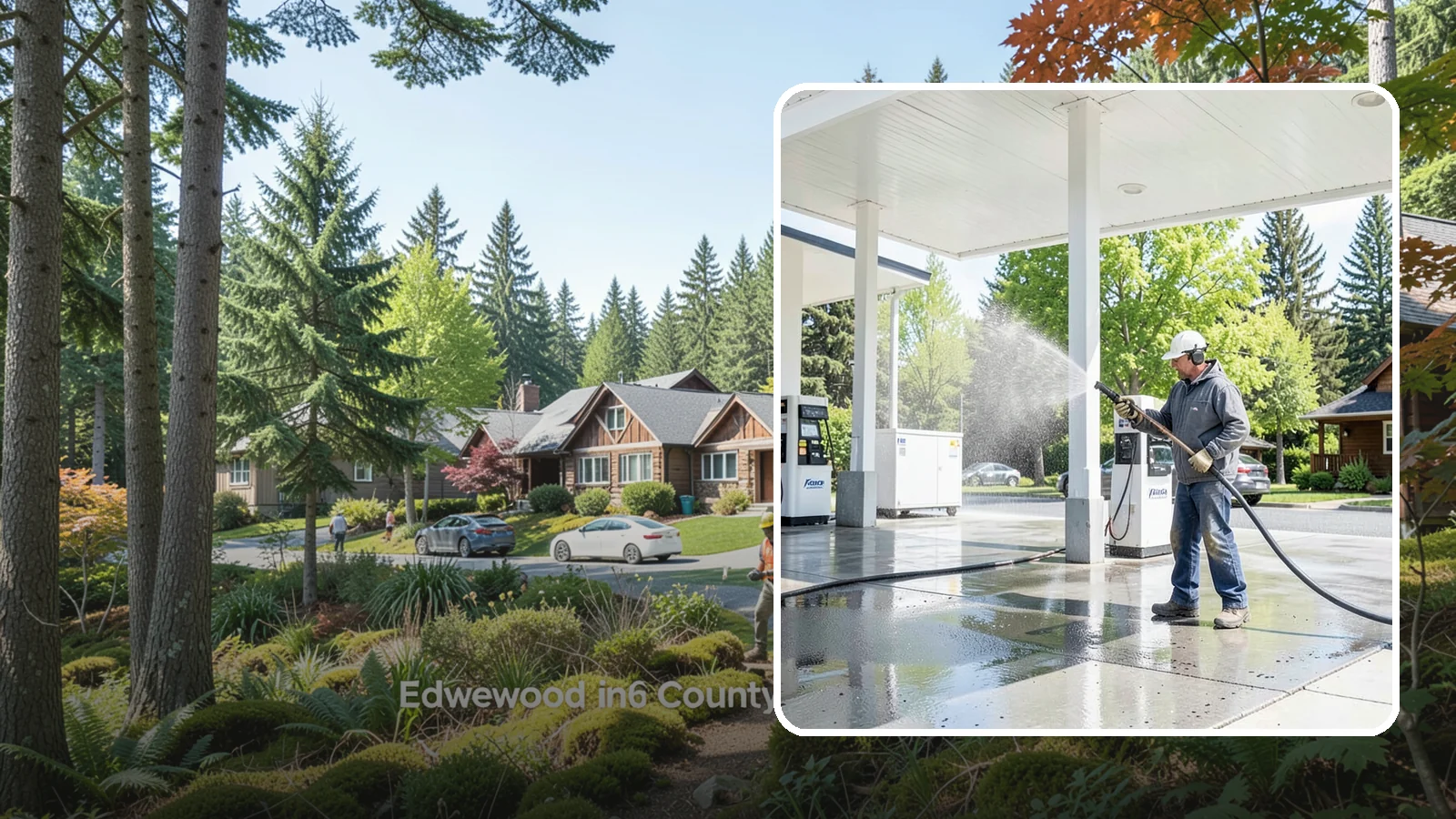 Gas Station Cleaning in Edgewood, Pierce County, WA - Deep exterior cleaning for fuel courts, canopies, and pump islands that removes oil, fuel residue, and Northwest grime from...