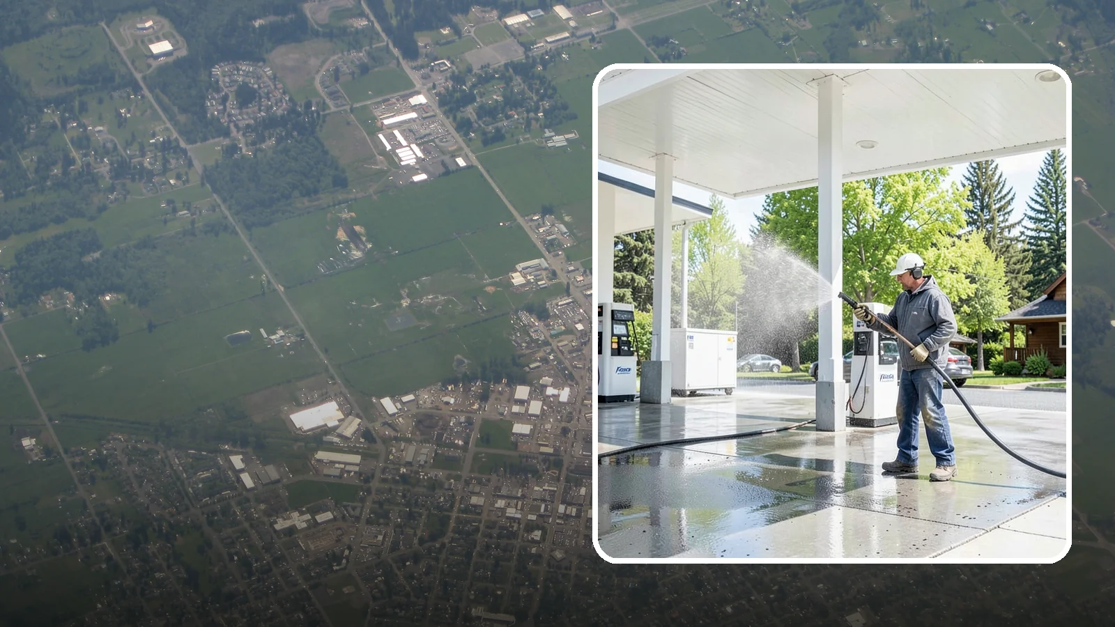 Gas Station Cleaning in Enumclaw, King County, WA - Deep exterior cleaning for fuel courts, canopies, and pump islands that removes oil, fuel residue, and Northwest grime from...