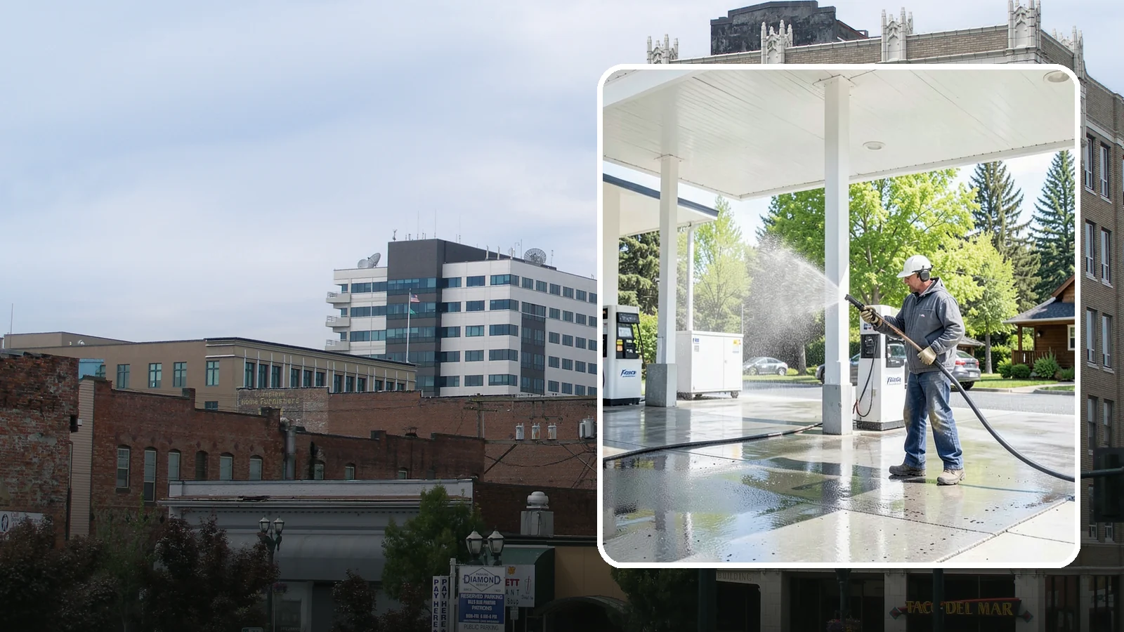 Gas Station Cleaning in Everett, Snohomish County, WA - Deep exterior cleaning for fuel courts, canopies, and pump islands that removes oil, fuel residue, and Northwest grime from...