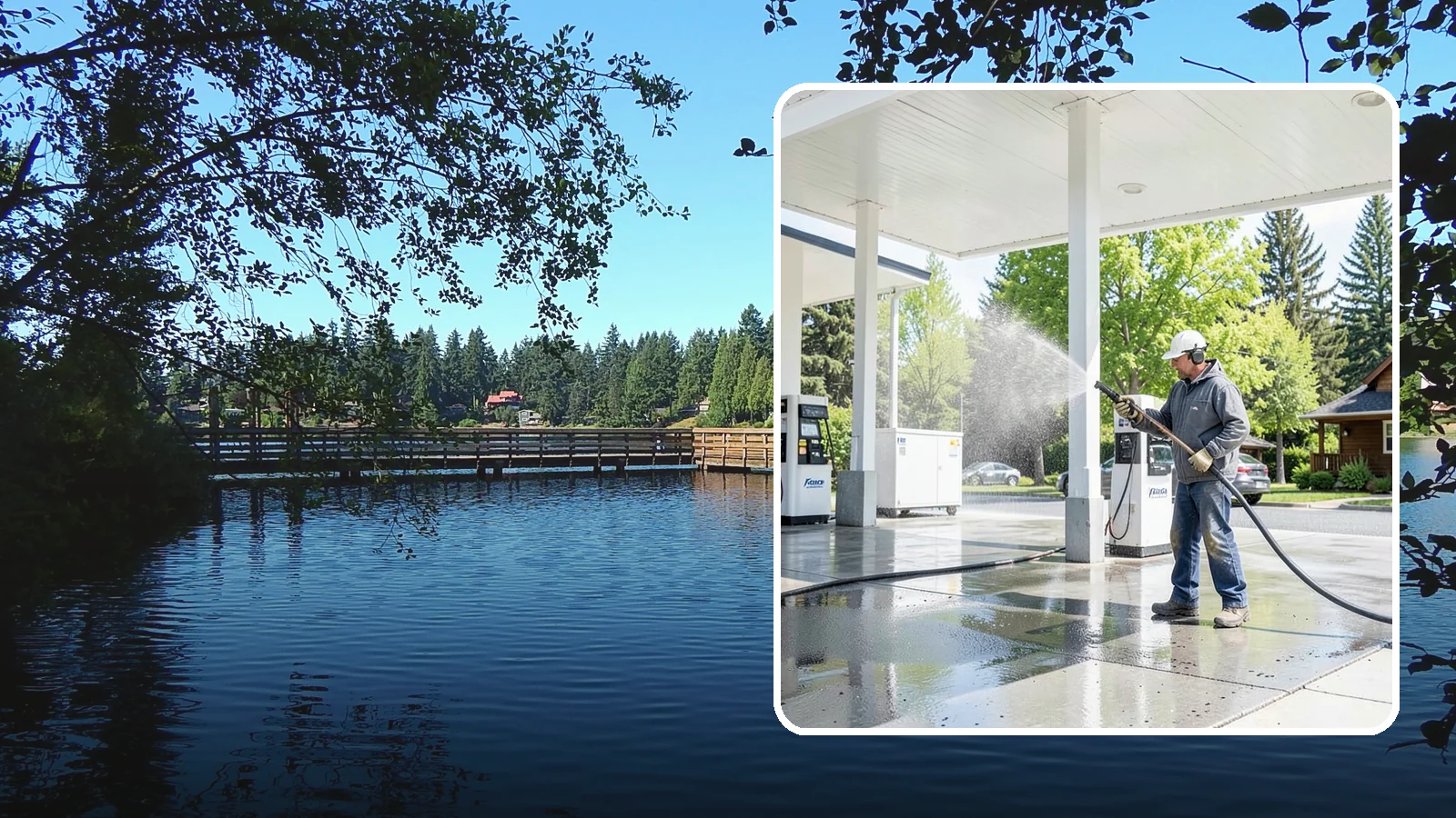 Gas Station Cleaning in Federal Way, King County, WA - Deep exterior cleaning for fuel courts, canopies, and pump islands that removes oil, fuel residue, and Northwest grime from...