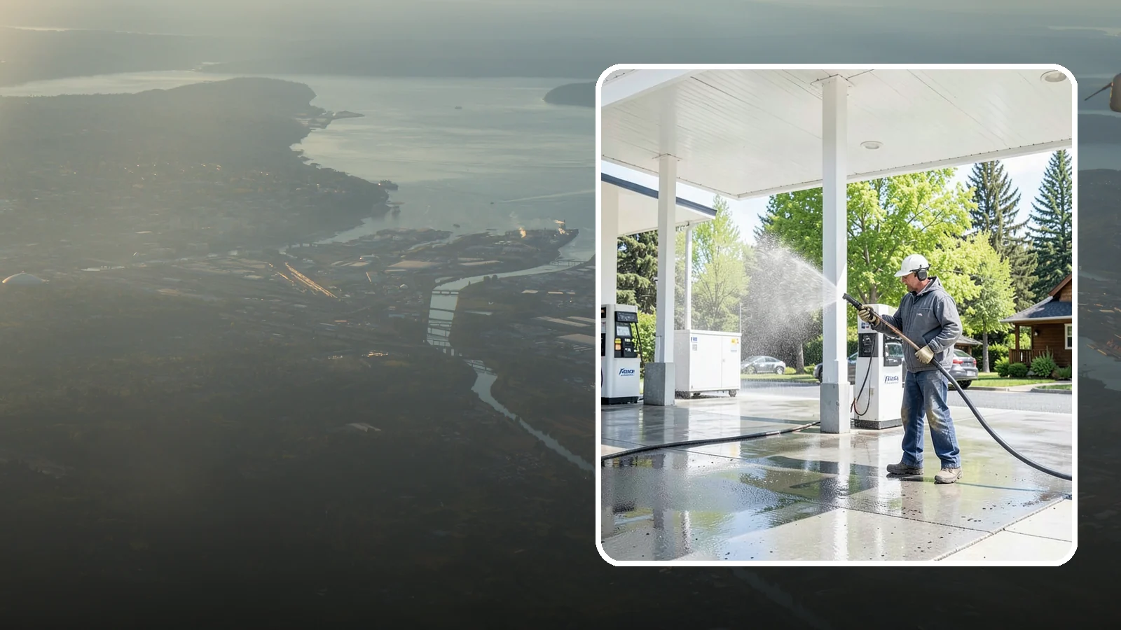 Gas Station Cleaning in Fife, Pierce County, WA - Deep exterior cleaning for fuel courts, canopies, and pump islands that removes oil, fuel residue, and Northwest grime from...