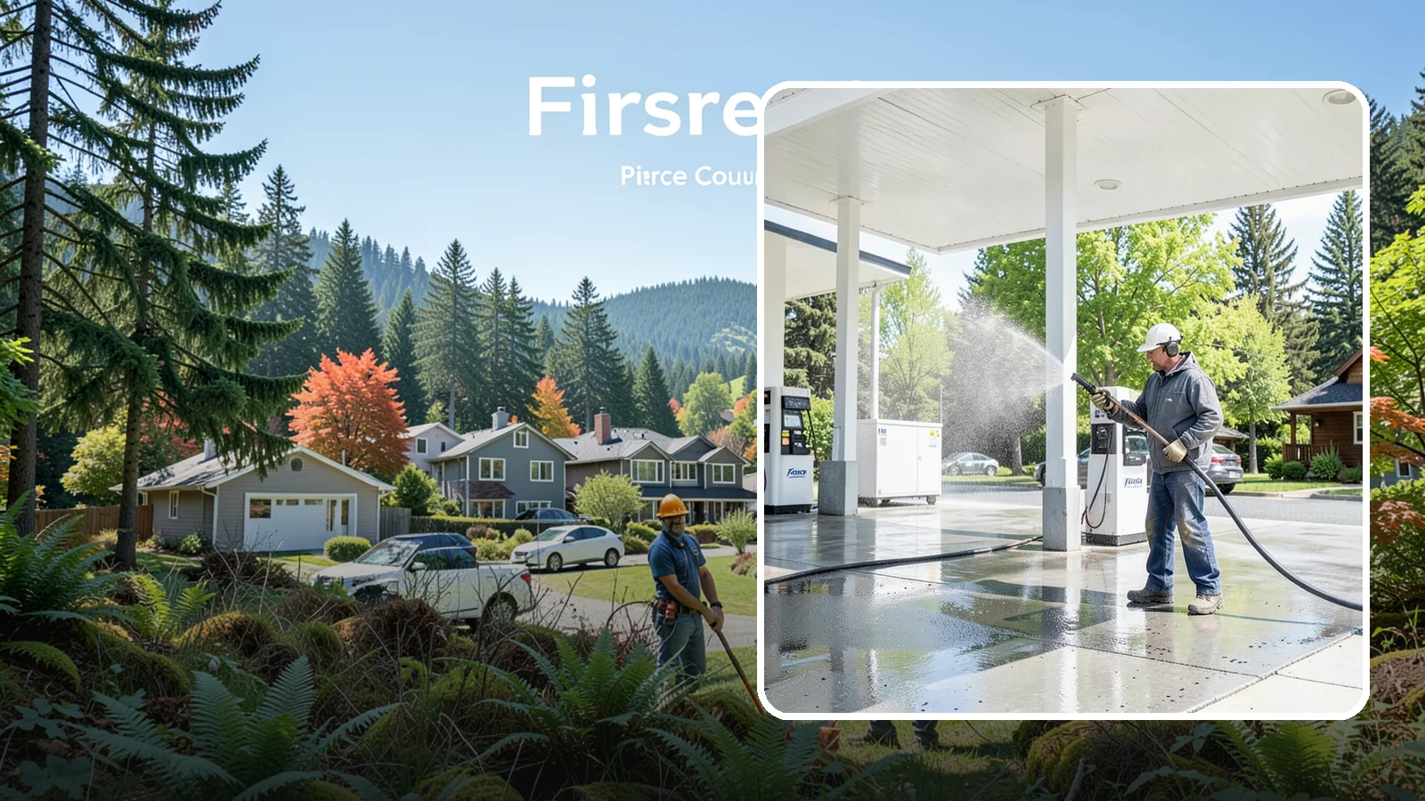 Gas Station Cleaning in Fircrest, Pierce County, WA - Deep exterior cleaning for fuel courts, canopies, and pump islands that removes oil, fuel residue, and Northwest grime from...