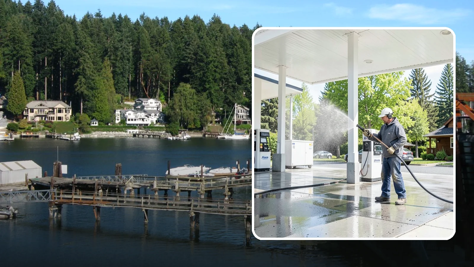 Gas Station Cleaning in Gig Harbor, Pierce County, WA - Deep exterior cleaning for fuel courts, canopies, and pump islands that removes oil, fuel residue, and Northwest grime from...