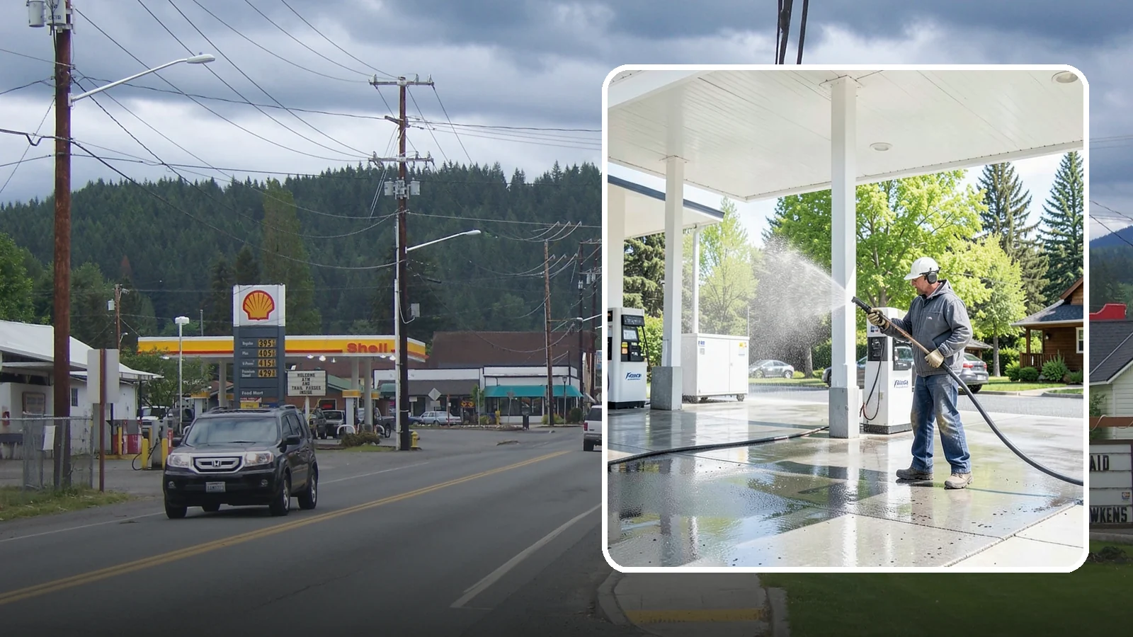 Gas Station Cleaning in Granite Falls, Snohomish County, WA - Deep exterior cleaning for fuel courts, canopies, and pump islands that removes oil, fuel residue, and Northwest grime from...