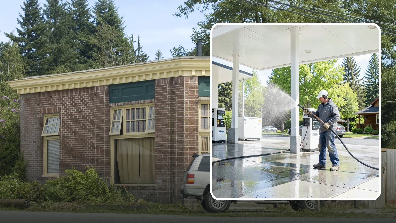 Gas Station Cleaning in Hamilton, Skagit County, WA - Deep exterior cleaning for fuel courts, canopies, and pump islands that removes oil, fuel residue, and Northwest grime from...