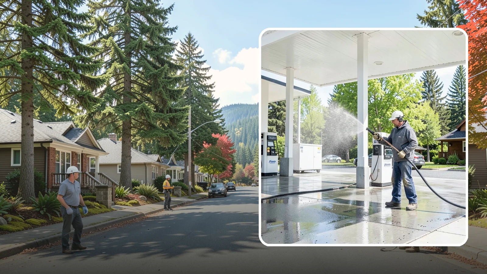 Gas Station Cleaning in Hunts Point, King County, WA - Deep exterior cleaning for fuel courts, canopies, and pump islands that removes oil, fuel residue, and Northwest grime from...