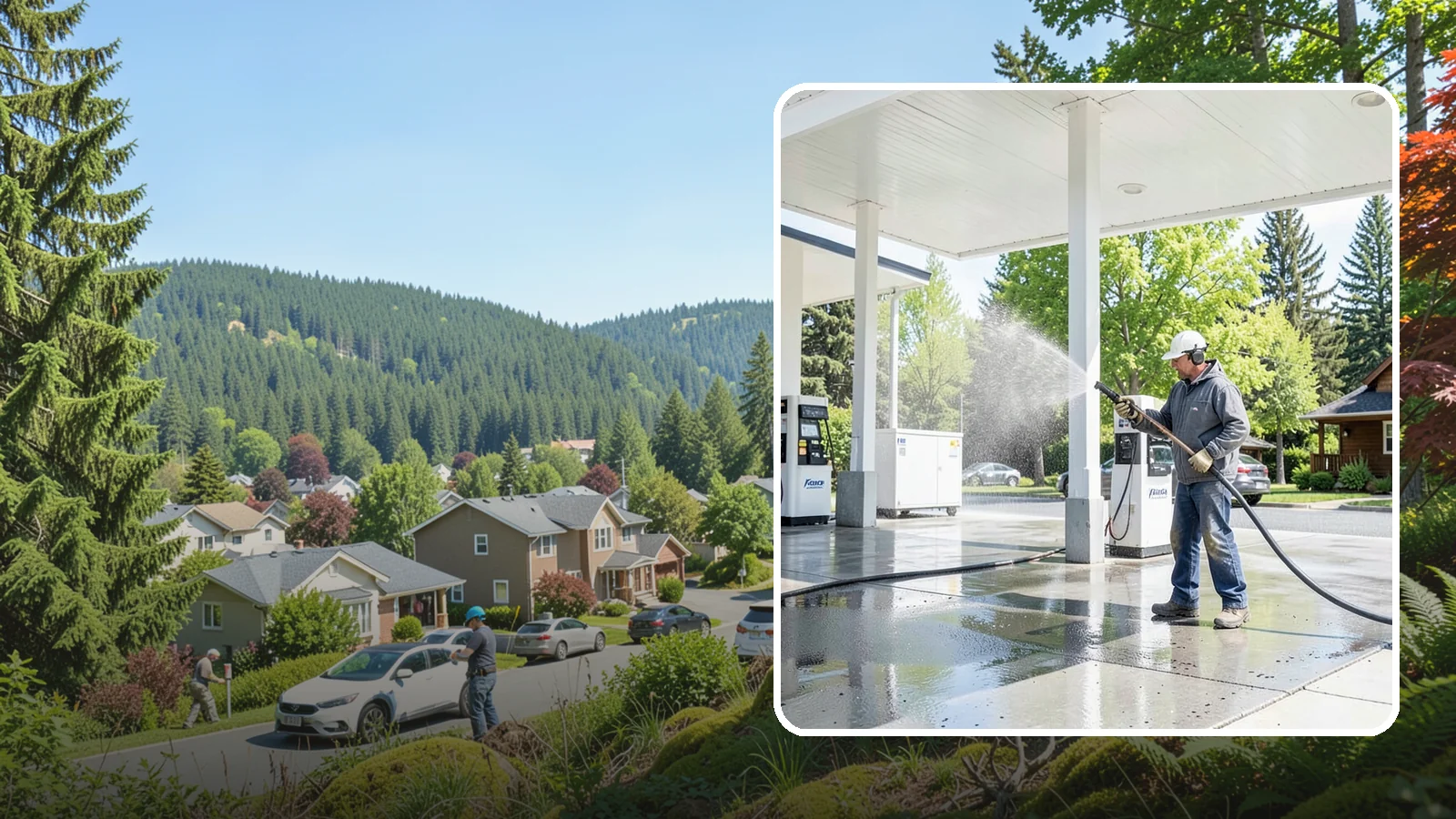 Gas Station Cleaning in Index, Snohomish County, WA - Deep exterior cleaning for fuel courts, canopies, and pump islands that removes oil, fuel residue, and Northwest grime from...