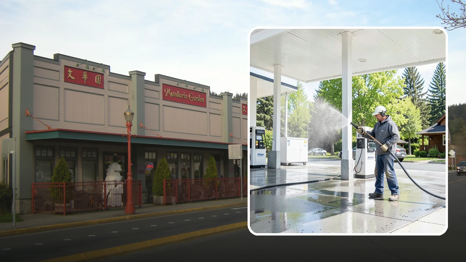 Gas Station Cleaning in Issaquah, King County, WA - Deep exterior cleaning for fuel courts, canopies, and pump islands that removes oil, fuel residue, and Northwest grime from...