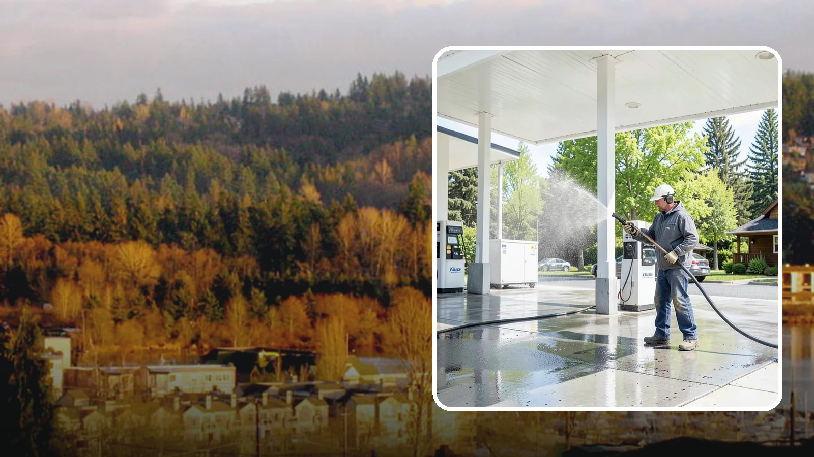 Gas Station Cleaning in Kenmore, King County, WA - Deep exterior cleaning for fuel courts, canopies, and pump islands that removes oil, fuel residue, and Northwest grime from...